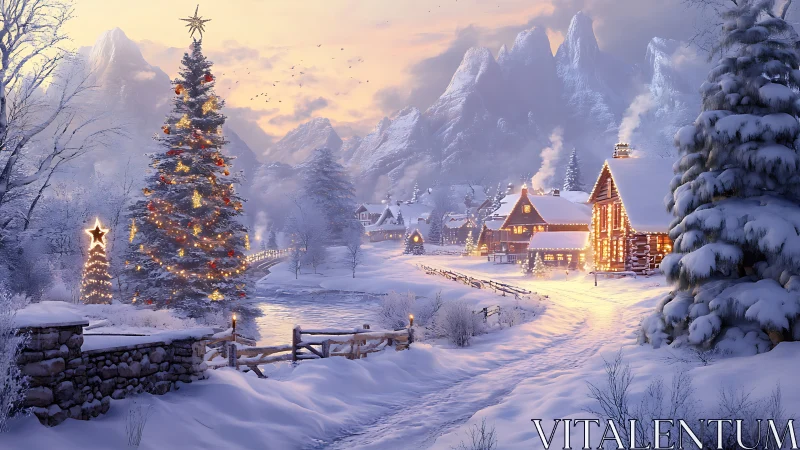 Snowy Christmas village glows under pastel mountain twilight.