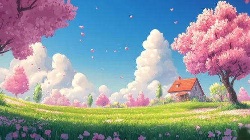 Spring meadow cottage under pink blossom trees in bloom.