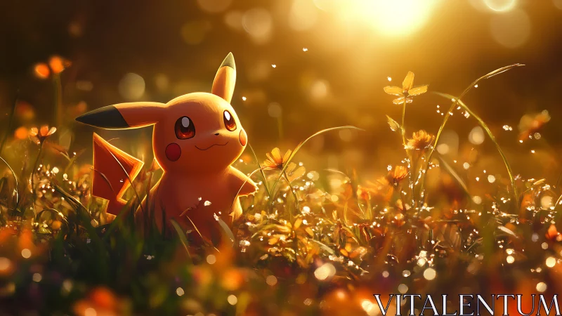 Pikachu rendered in sunlit meadow with shallow depth of field.