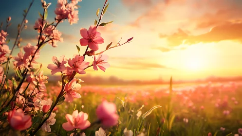 Pink Flowers Bloom Against Golden Sunset Sky Field.