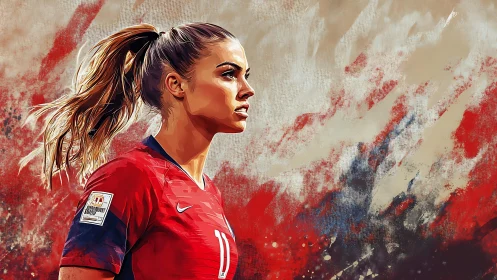Defiant soccer player in dynamic red abstract portrait.