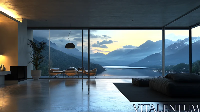 Modern glass living space overlooking calm mountain lake.
