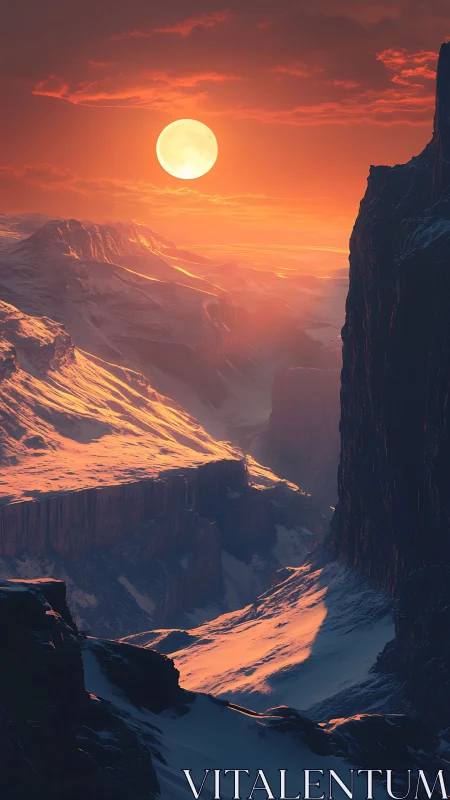 Crimson moonlight pours molten gold across frozen canyons