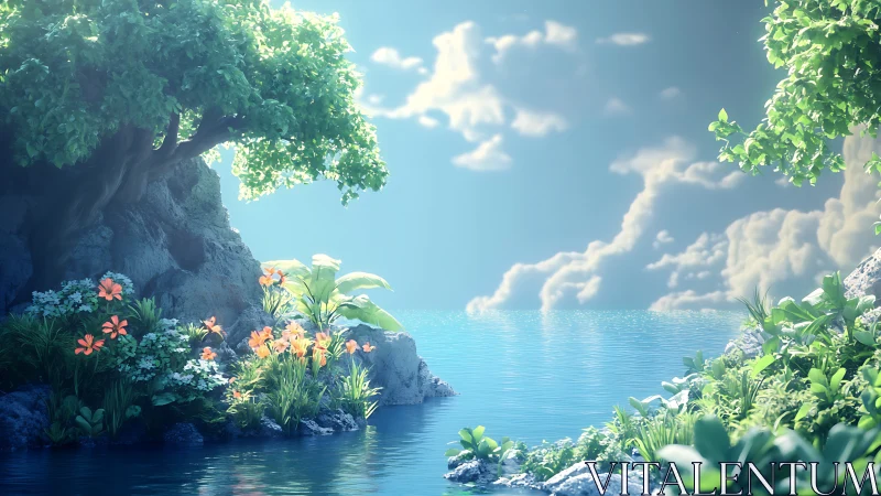 Tranquil Cove: Where Wildflowers Kiss Crystalline Waters.