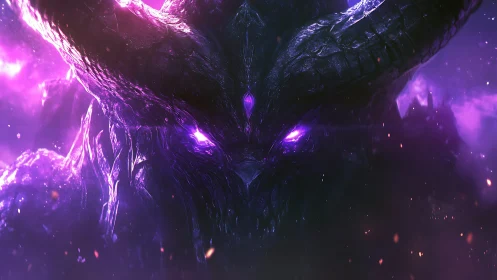 Glowing horned titan gazes through stormy violet cosmic mist