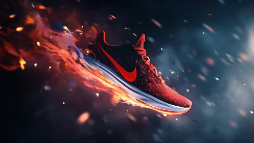 Red running shoe rendered in midair with stylized flames