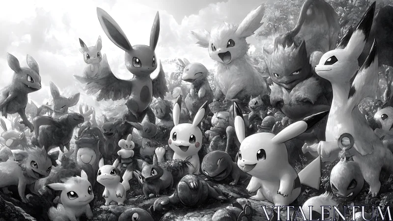 Playful creature crowd gathers in bright grayscale forest storm.