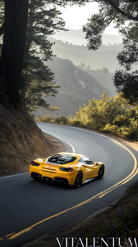 Yellow mid‑engine supercar on serpentine forest mountain road.