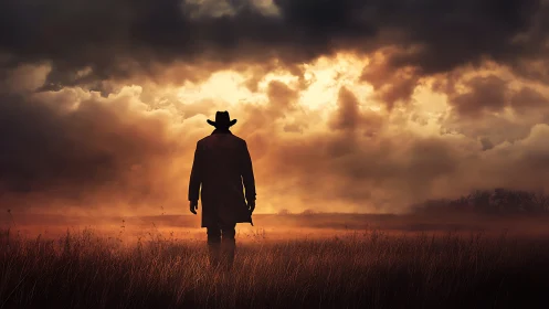 Lone cowboy walks into stormy sunset over burning prairie