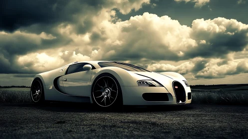Storm-brooding clouds crown a white hypercar&rsquo;s quiet prowl