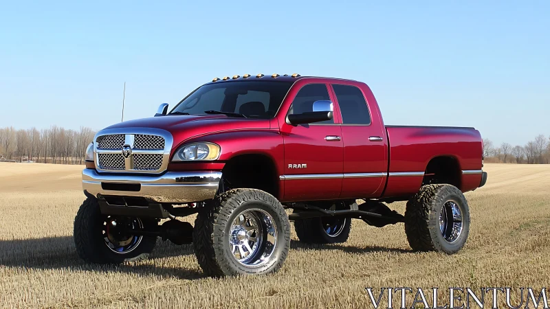 Lifted red pickup truck on rural harvested field landscape.