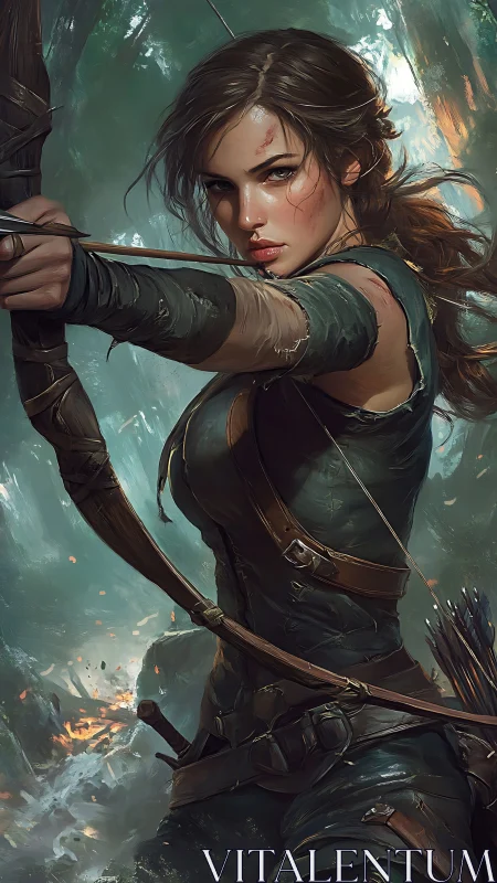 Female archer drawing bow in dense forest battle setting.