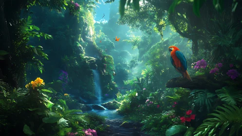 Scarlet macaw in luminous jungle ravine with waterfall vista.