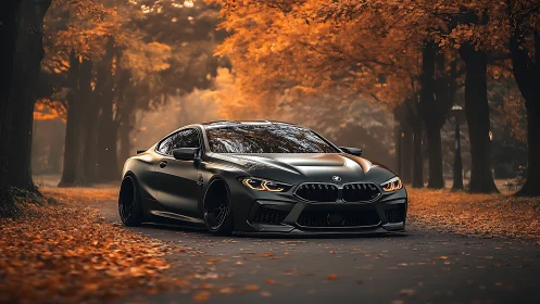 Matte black sports coupe glides through a tranquil autumn forest.