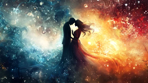 Two souls colliding through luminous cosmic fire and ice.
