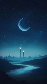 Crescent moon above distant towers and river at night.