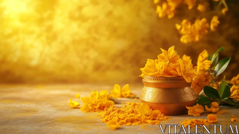 Golden blossoms and turmeric glow in a serene still life.
