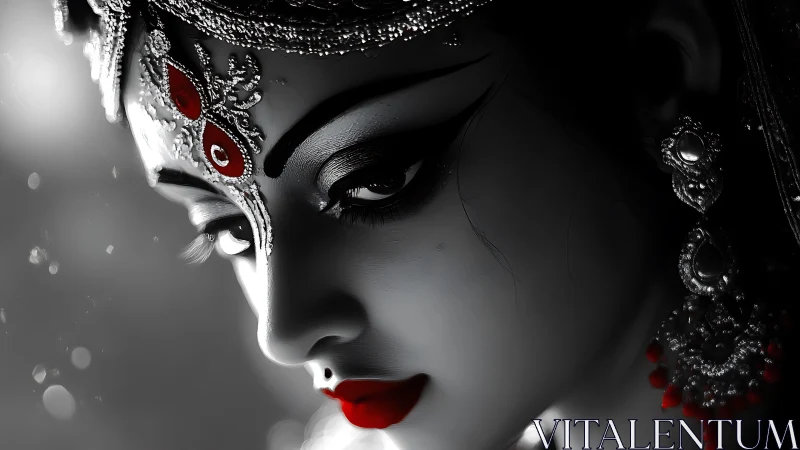 Crimson gaze of the moonlit goddess in shadowed silver hush.