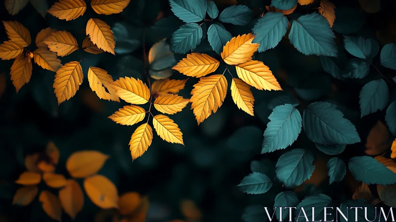 Contrasting teal and amber foliage forms a balanced botanical study