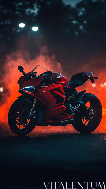 Red sport motorcycle gleams against neon fog at night.