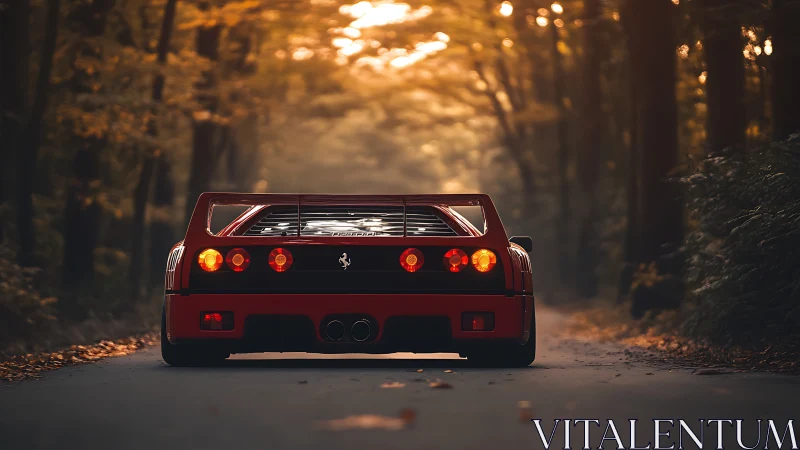 Rear view of red sports car on forest road at dusk.