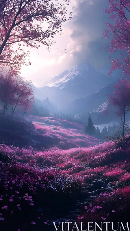 Pink alpine meadow beneath distant snowcapped mountains.
