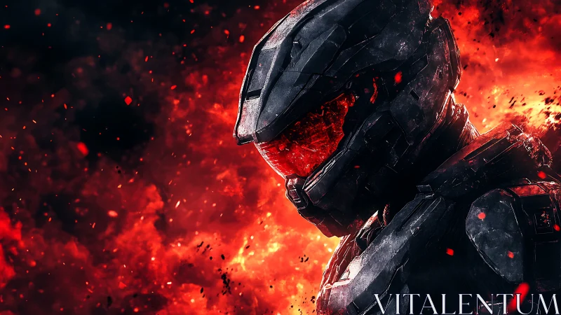 Armored sci fi soldier in burning red battlefield flames.