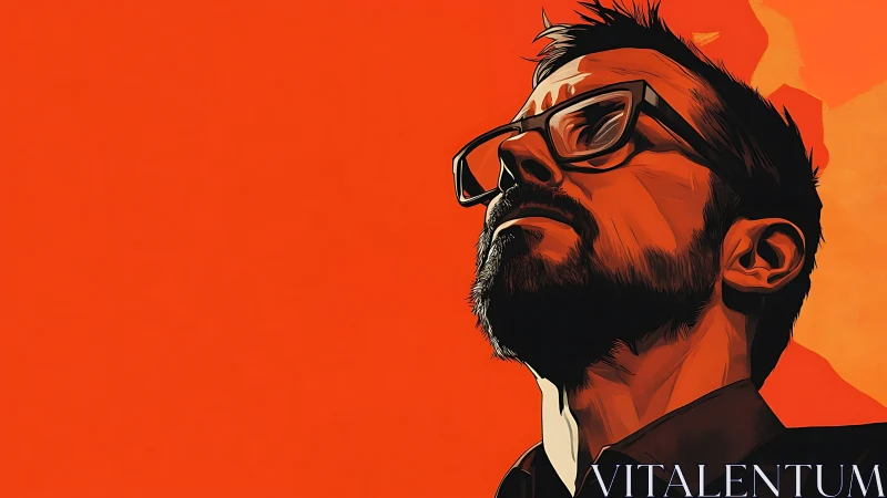 Bearded man gazes upward under bold graphic orange light.