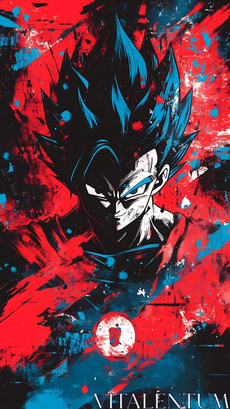 Saiyan warrior portrait explodes through red blue chaos.