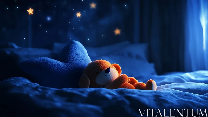 Orange teddy bear rests on blue bed under glowing stars