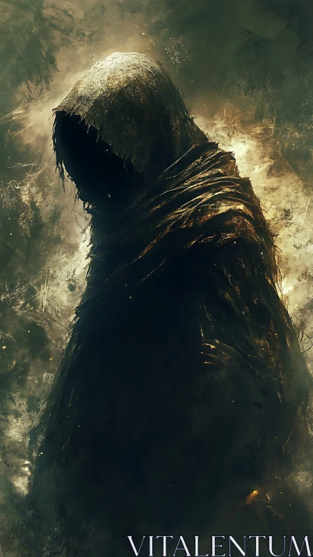 Shrouded wraith in ember-lit mist, cloaked in quiet dread.