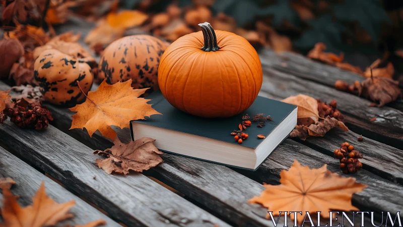 Small pumpkin rests on closed book among autumn leaves