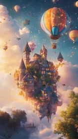 Floating cliffside town under glowing hot air balloons.