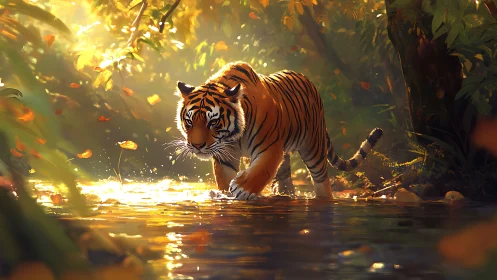 Tiger walking through shallow forest stream in warm light.