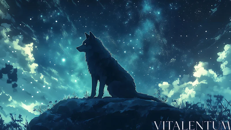 Celestial backlit wolf silhouette under dense starfield sky.
