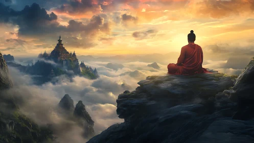 Monk in red robes contemplates a cloud-veiled mountain temple at dawn