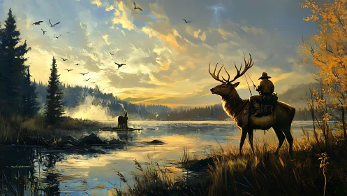 Golden dawn welcomes rider and elk beside a quiet misty river