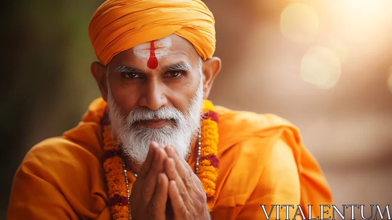 Elderly Hindu holy man in orange robes with folded hands.