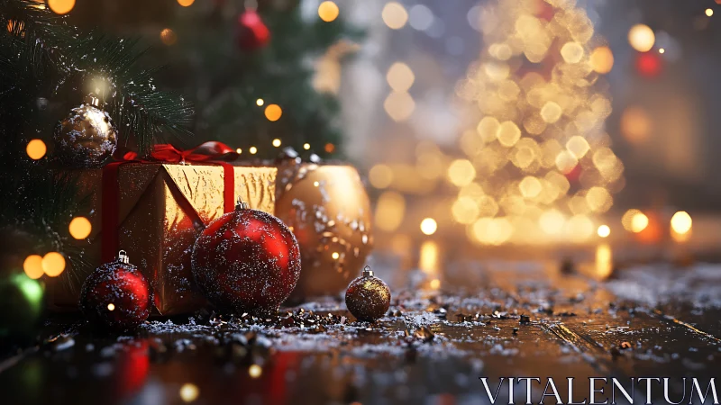 Glowing Christmas gifts and ornaments rest in cozy candlelight