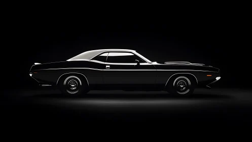 Iconic black muscle car in dramatic studio side profile.