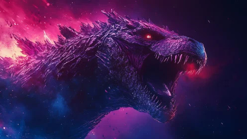 Cosmic kaiju roars against neon magenta and blue void