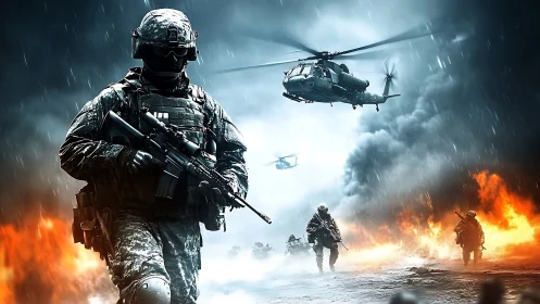 Digital render shows armed soldiers advancing under helicopters