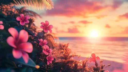 Tropical plumeria blooms in cinematic sunset coastal light.