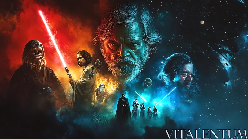 Digital painting montage of interstellar conflict and destiny.