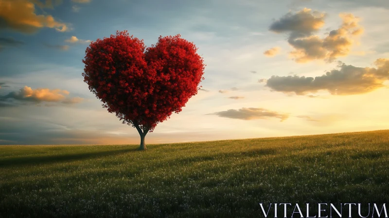 Heart-Shaped Tree Stands Solitary Against Golden Sunset Sky