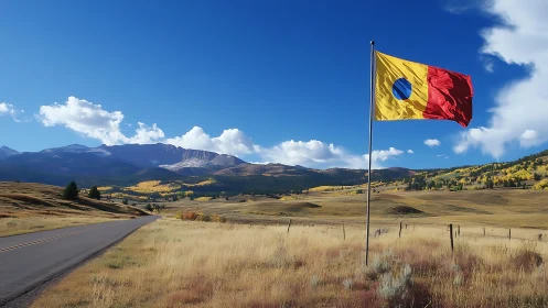 Mountain plains landscape with tricolor roadside flag in wind.