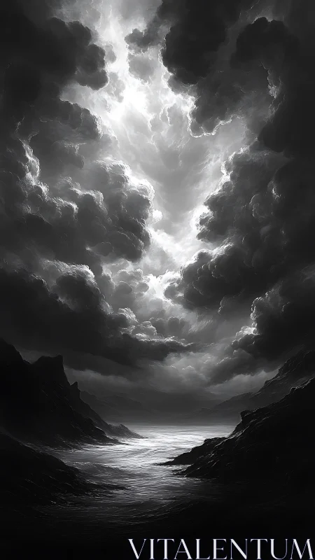 Stormlit monochrome seascape under towering clouds.