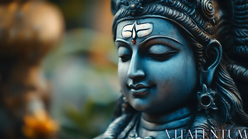 Serene blue deity sculpture in shallow-focus portrait study.
