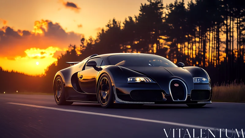 Black sports coupe on open road at sunset with trees behind.