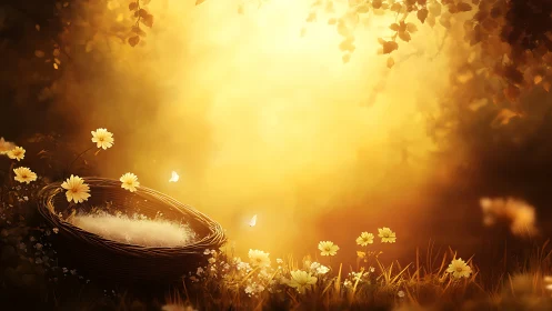 Sunlit wicker nest in glowing golden meadow clearing.